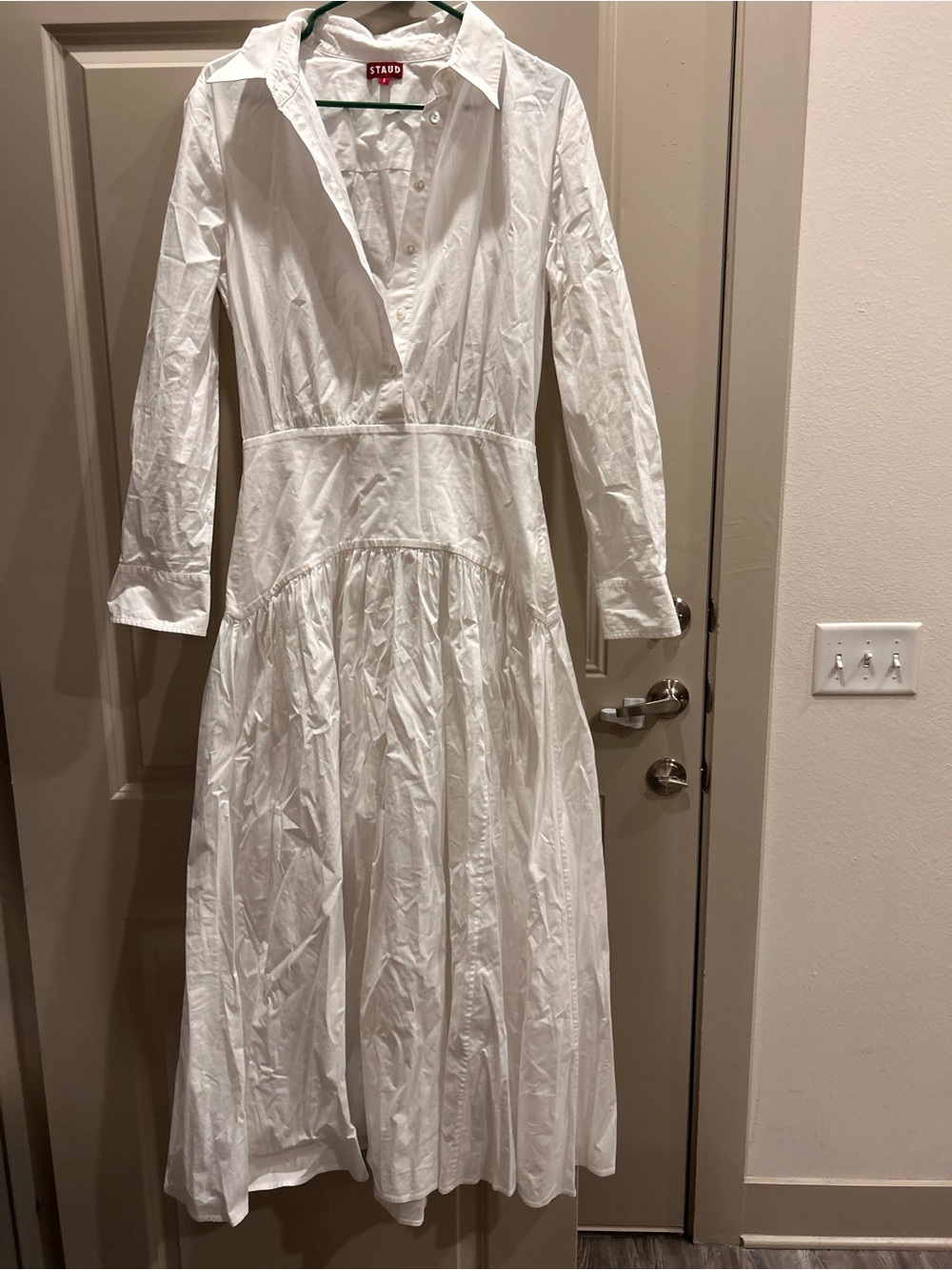 STAUD White Long-Sleeve Cotton Midi Dress